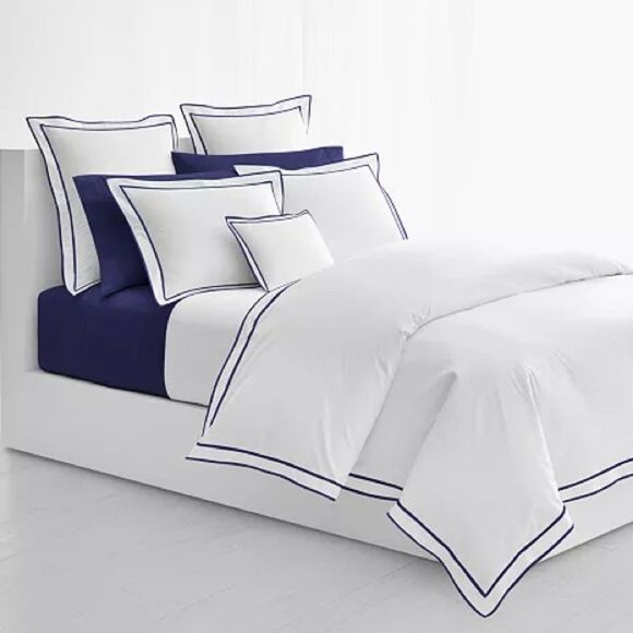 Lauren Ralph Lauren Spencer Sateen Border King Duvet Cover, White-Navy, New